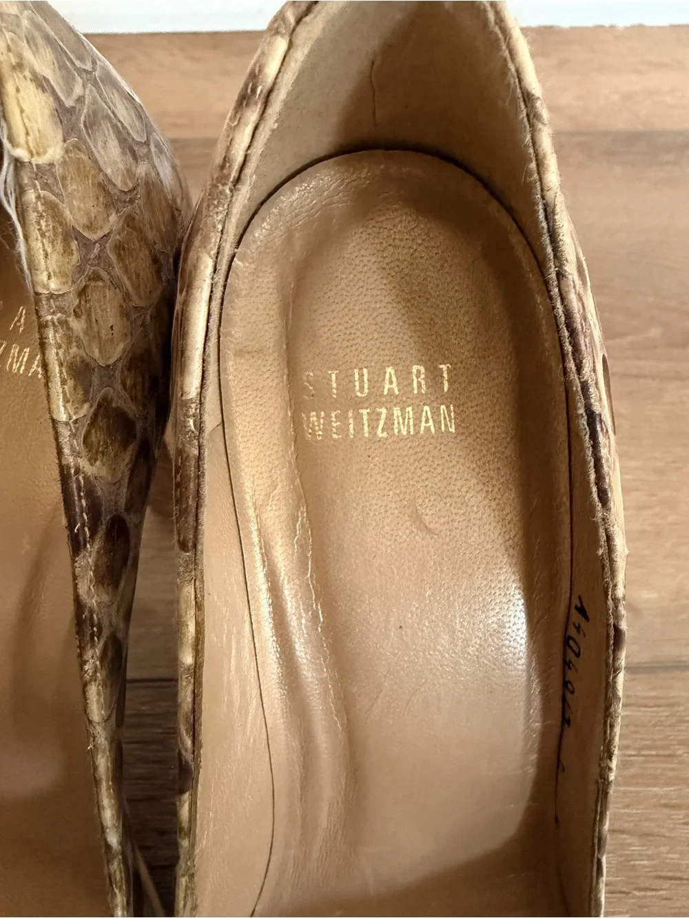 Stuart Weitzman Peep-Toe High Heels in Taupe Snakeskin
